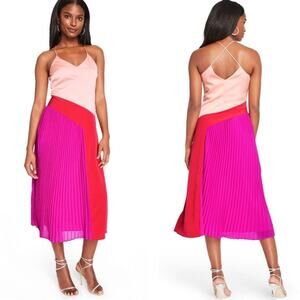 Cushnie | NWT Pink Red Magenta Colorblock Pleated Satin Cocktail Midi Dress